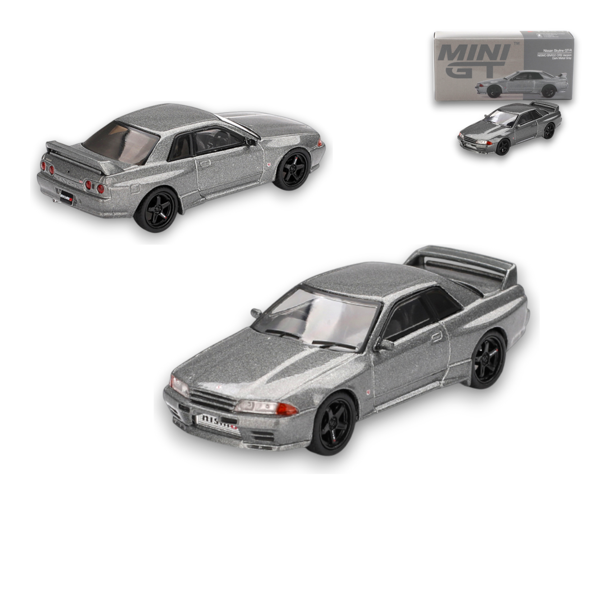 Mini GT Nissan Skyline GT-R NISMO BNR32 CRS version diecast model in dark metal gray, 1:64 scale, detailed toy car.