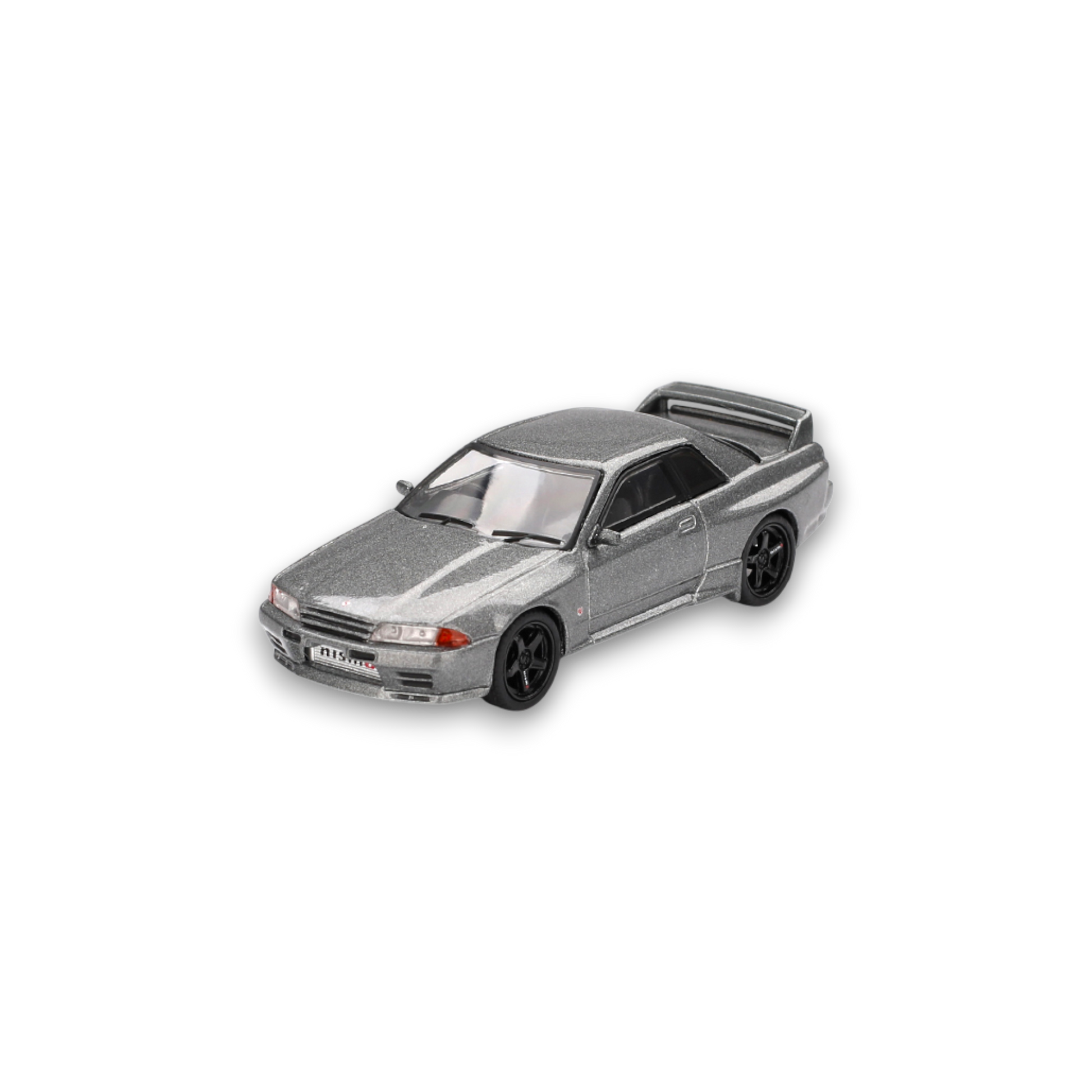 Mini GT Nissan Skyline GT-R NISMO BNR32 diecast model in dark metal gray, 1:64 scale, detailed and realistic.