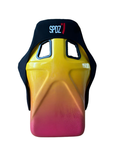Speedzone Performance LLC SPDZ1 XL Legend Series color shift bucket seat with racing-style design and vibrant fabric upholstery.