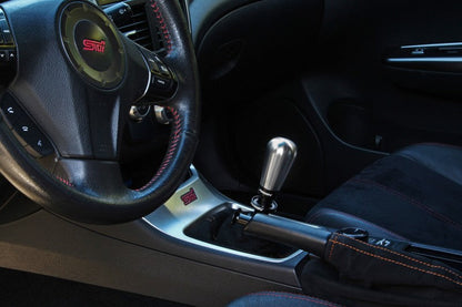 JDMuscle Perrin STI tapered shift knob for 04-21 Subaru STI, black metal with textured grip for enhanced shifting control