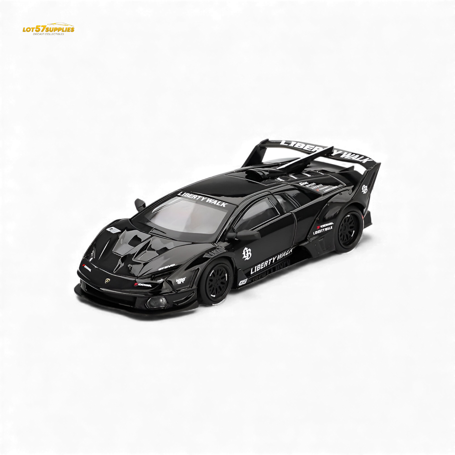 Mini GT Lamborghini Murcielago GT Evo diecast model in black, 1:64 scale, detailed replica of the Lamborghini supercar.