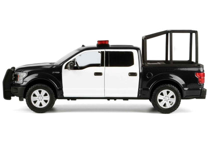 2019 Ford F-150 Lariat Crew Cab Pickup Truck with Bed Cage Black and White with Flashing Light Bar and Front and Rear Lights and Sounds 1/27 Diecast Model Car by Motormax