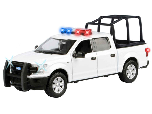2019 Ford F-150 Lariat Crew Cab Pickup Truck with Bed Cage White with Flashing Light Bar and Front and Rear Lights and Sounds 1/27 Diecast Model Car by Motormax