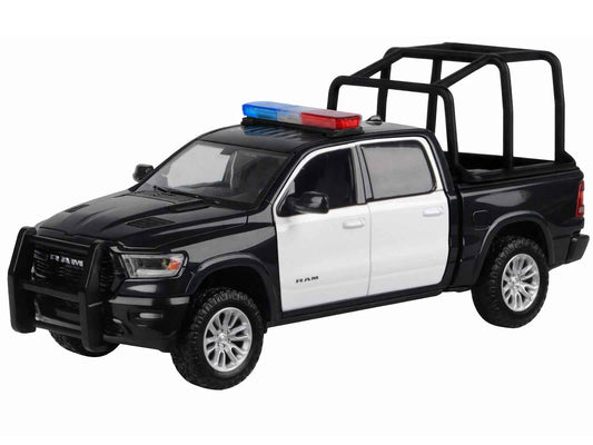2019 RAM 1500 Laramie Crew Cab Pickup Truck with Bed Cage Black and White with Flashing Light Bar and Front and Rear Lights and Sounds 1/27 Diecast Model Car by Motormax