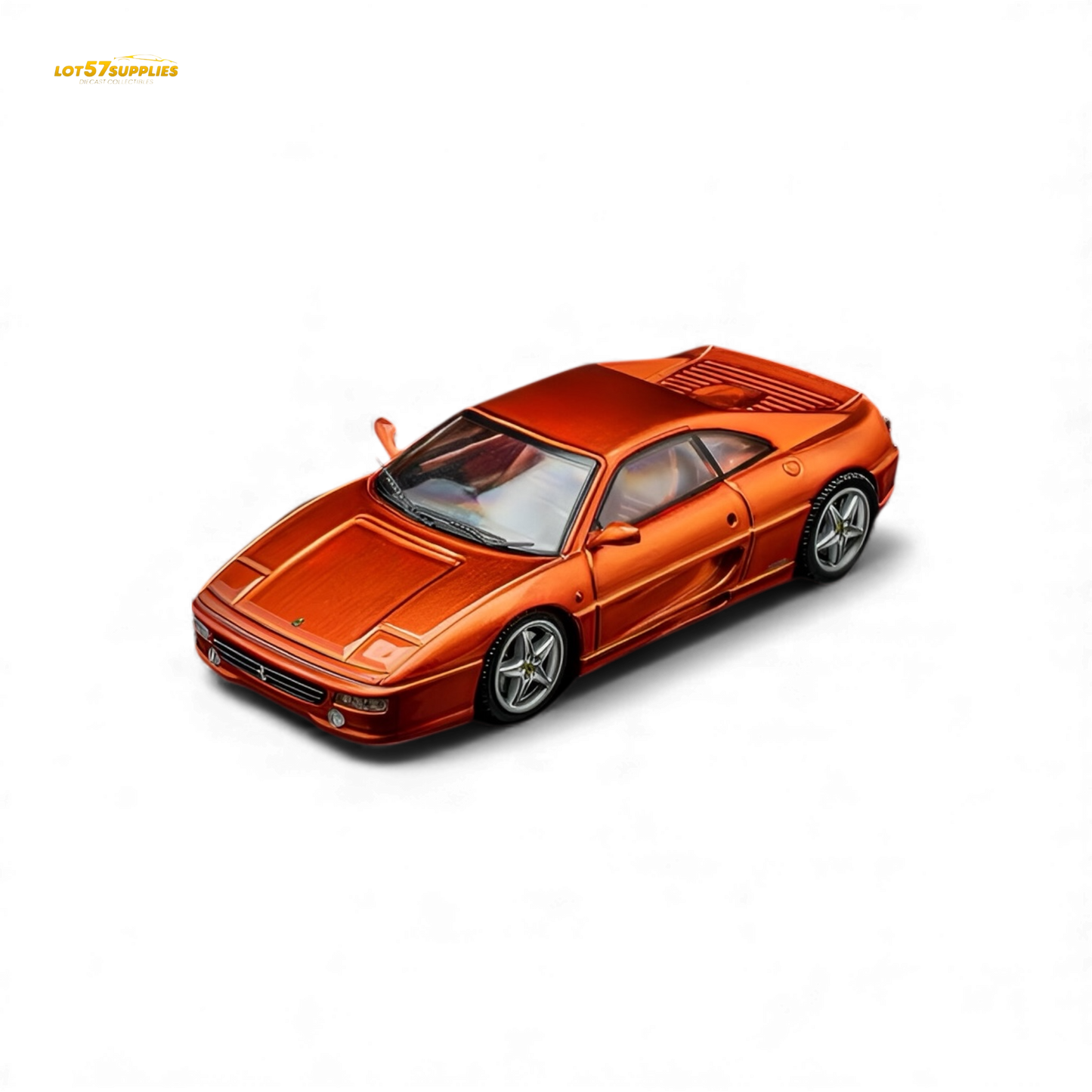 Metallic orange Ferrari F355 Challenge diecast model in 1:64 scale, detailed diecast car from Lot57Supplies Diecast Shop.