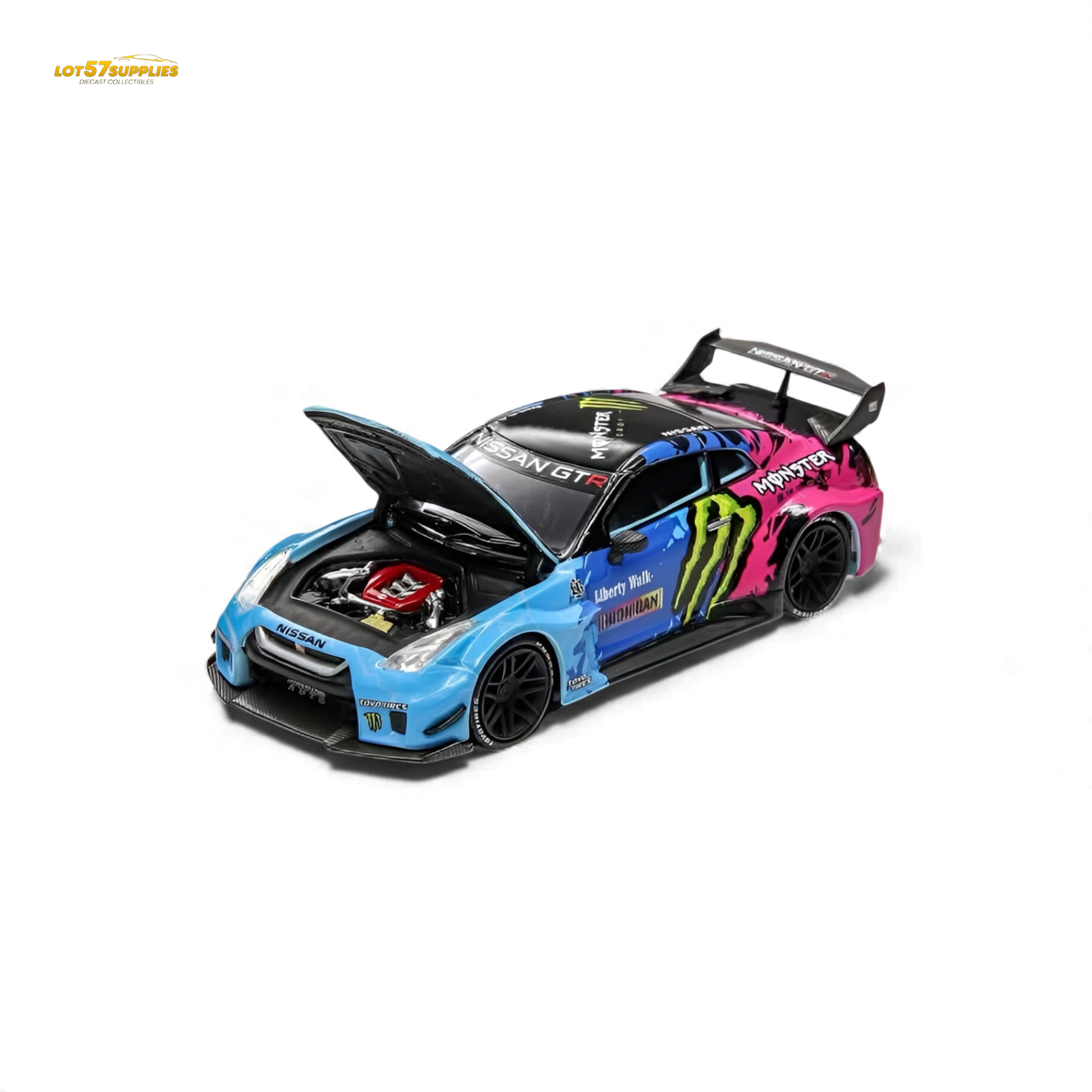 Nissan GT-R R35 diecast model in Demon King Auto LBWK Monster Livery, 1:64 scale, detailed collectible car.
