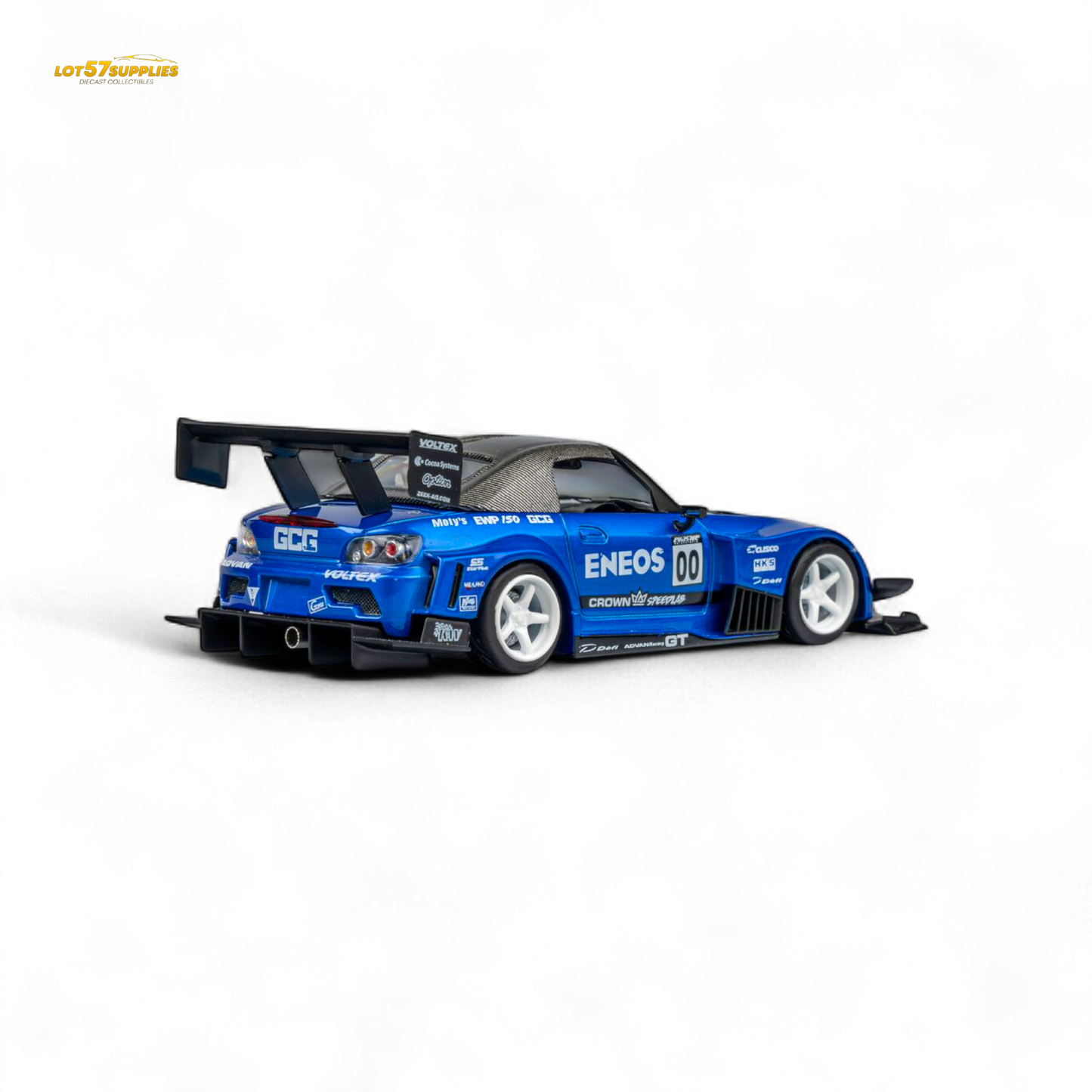 Candy blue 1:64 scale MicroTurbo Honda S2000 diecast car featuring ENEOS #00 TOP FUEL branding, detailed and collectible.