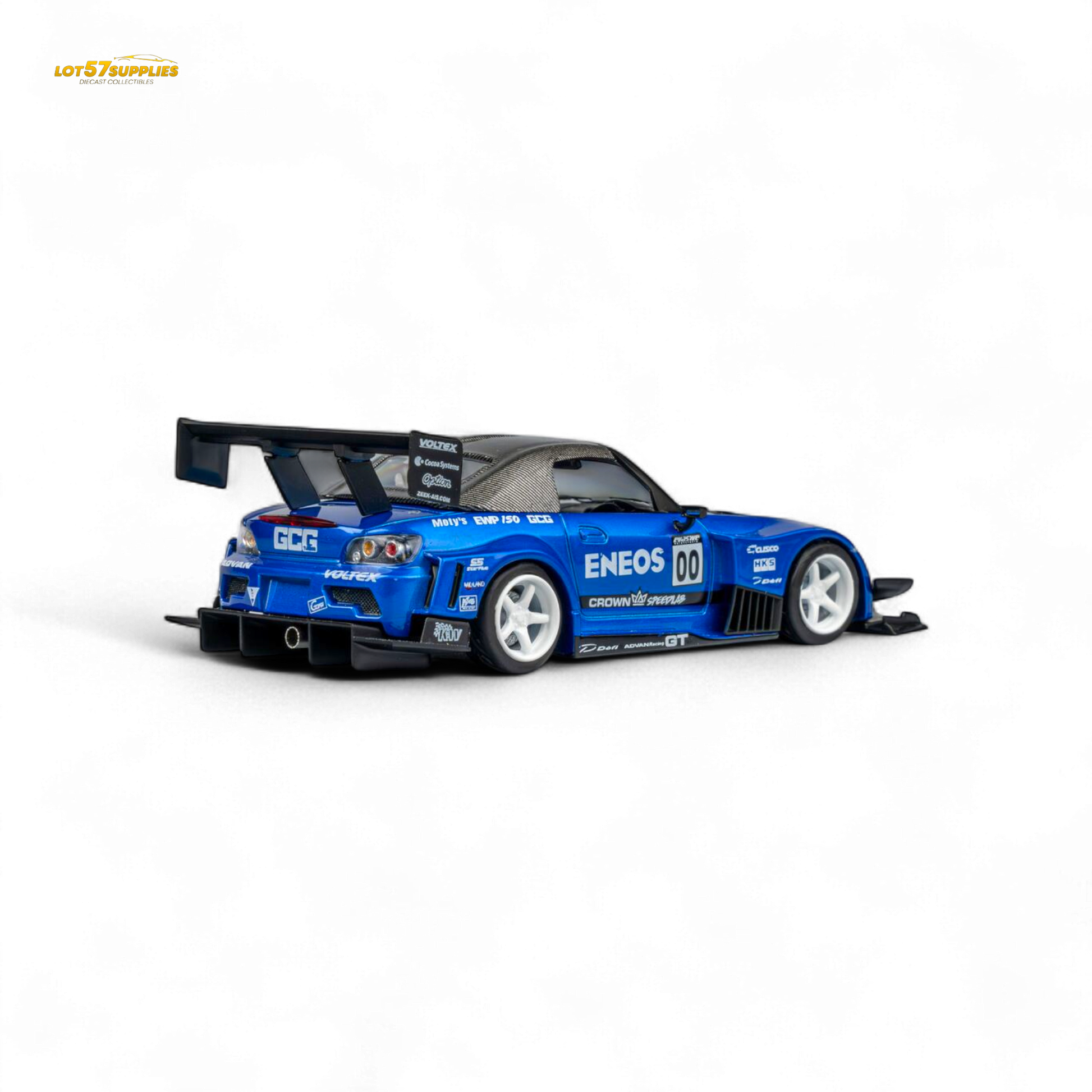 Candy blue 1:64 scale MicroTurbo Honda S2000 diecast car featuring ENEOS #00 TOP FUEL branding, detailed and collectible.