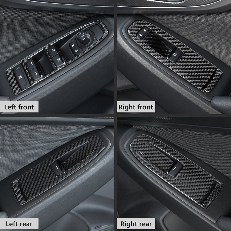 JDMuscle black and red carbon fiber window switch trim covers for 2022-2025 Subaru WRX, 4-piece set, sleek automotive interior accessories.