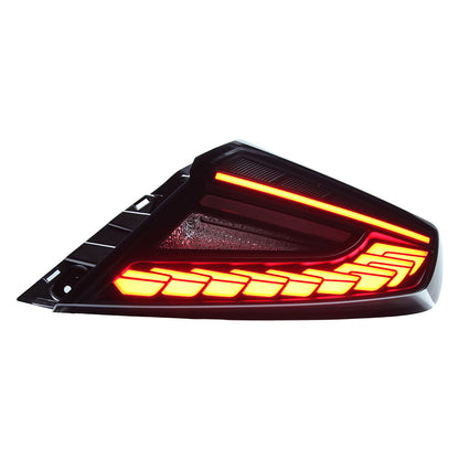 OLM Phantom-Spec LED taillights with smoke lens and red optic installed on a 2022+ Subaru WRX, showcasing sleek automotive lighting.