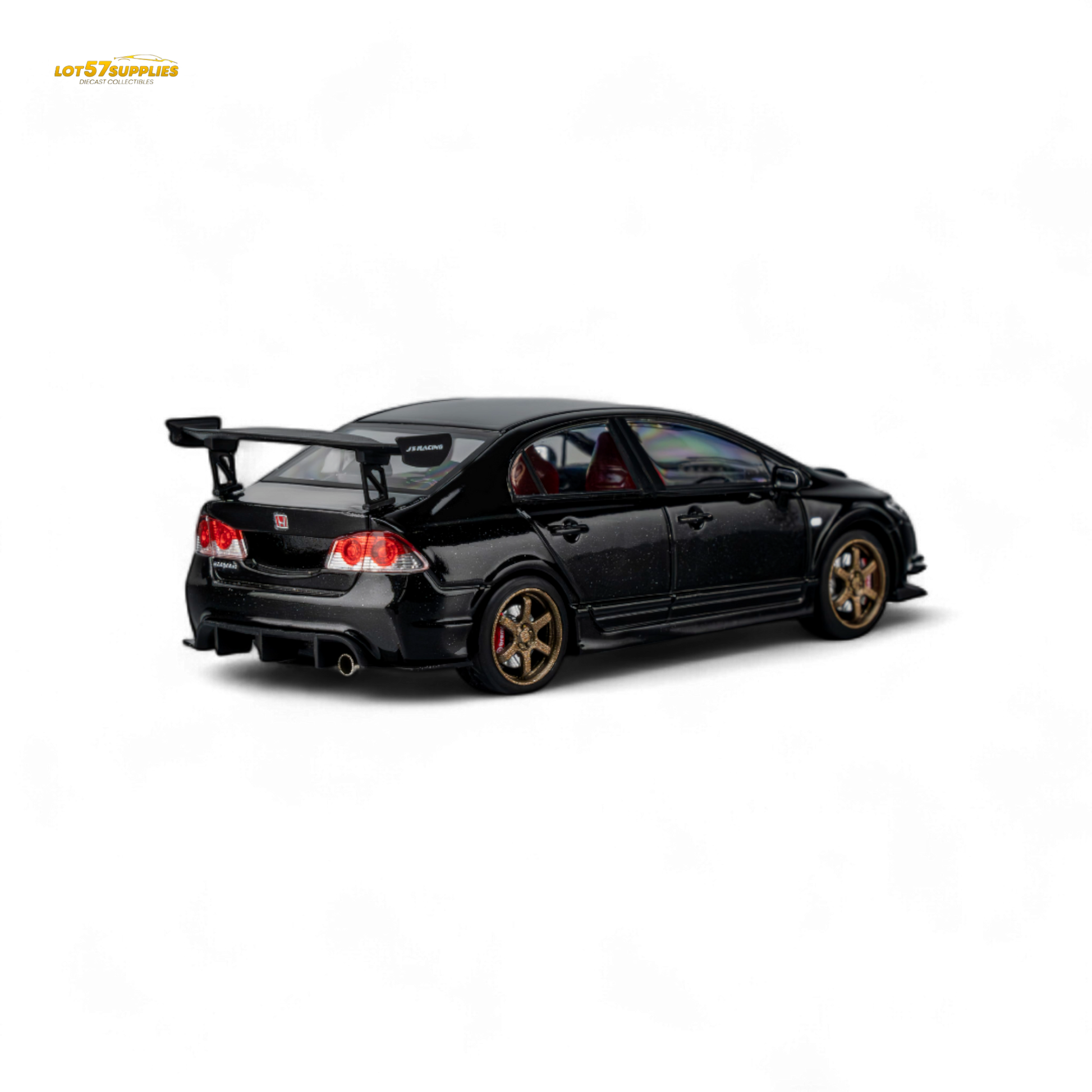Metallic black Honda Microturbo FD2 J'S Racing 1:64 diecast model car, detailed with true-to-life features and racing decals.