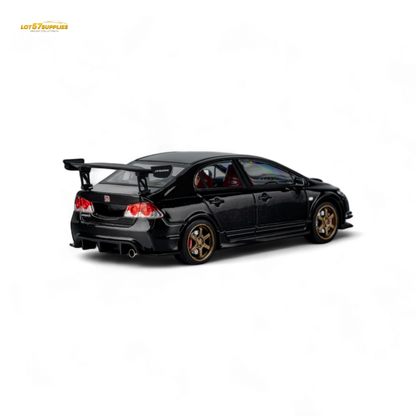 Metallic black Honda Microturbo FD2 J'S Racing 1:64 diecast model car, detailed with true-to-life features and racing decals.