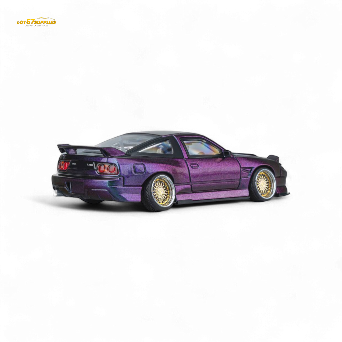 Purple chameleon MicroTurbo Nissan 180SX Spirit Rei diecast model in 1:64 scale, featuring detailed Nissan branding and vibrant colors.