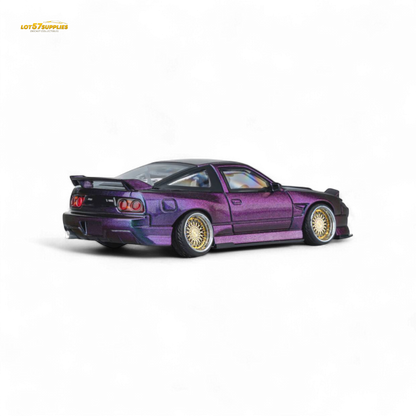 Purple chameleon MicroTurbo Nissan 180SX Spirit Rei diecast model in 1:64 scale, featuring detailed Nissan branding and vibrant colors.