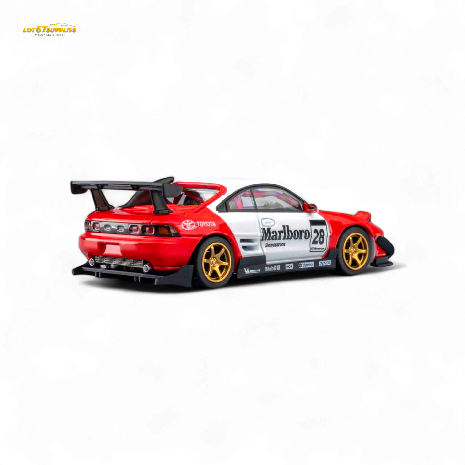 Pre-order MicroTurbo Toyota MR2 diecast model in Marlboro livery, 1:64 scale, featuring detailed Toyota branding and racing design.