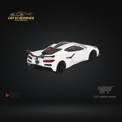 Mini-GT Chevrolet Corvette Z06 diecast model in Arctic White, 1:64 scale, showcasing detailed exterior and sporty design.