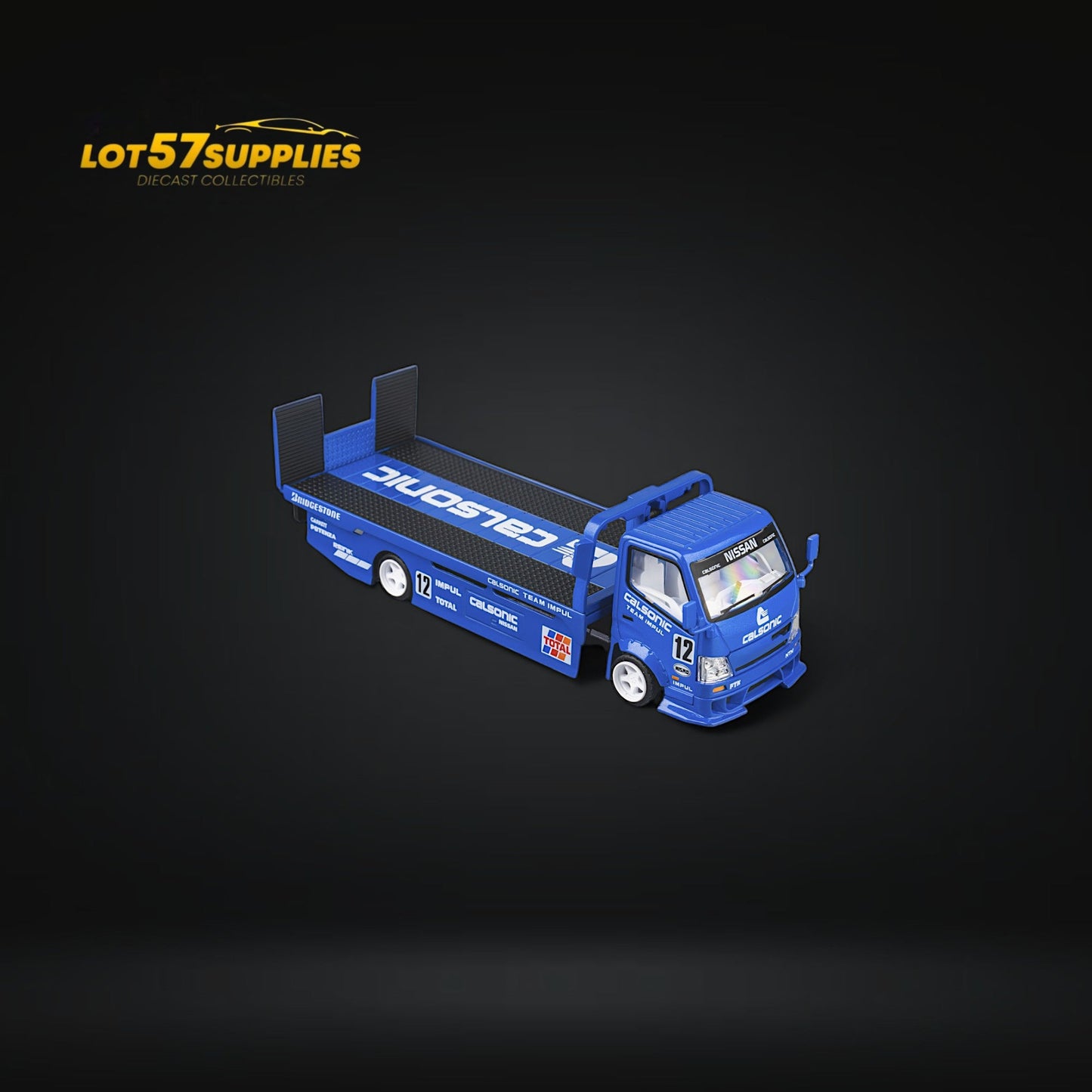Blue HINO 300 MicroTurbo custom diecast truck with Calsonic livery, 1:64 scale, detailed model for collectors.