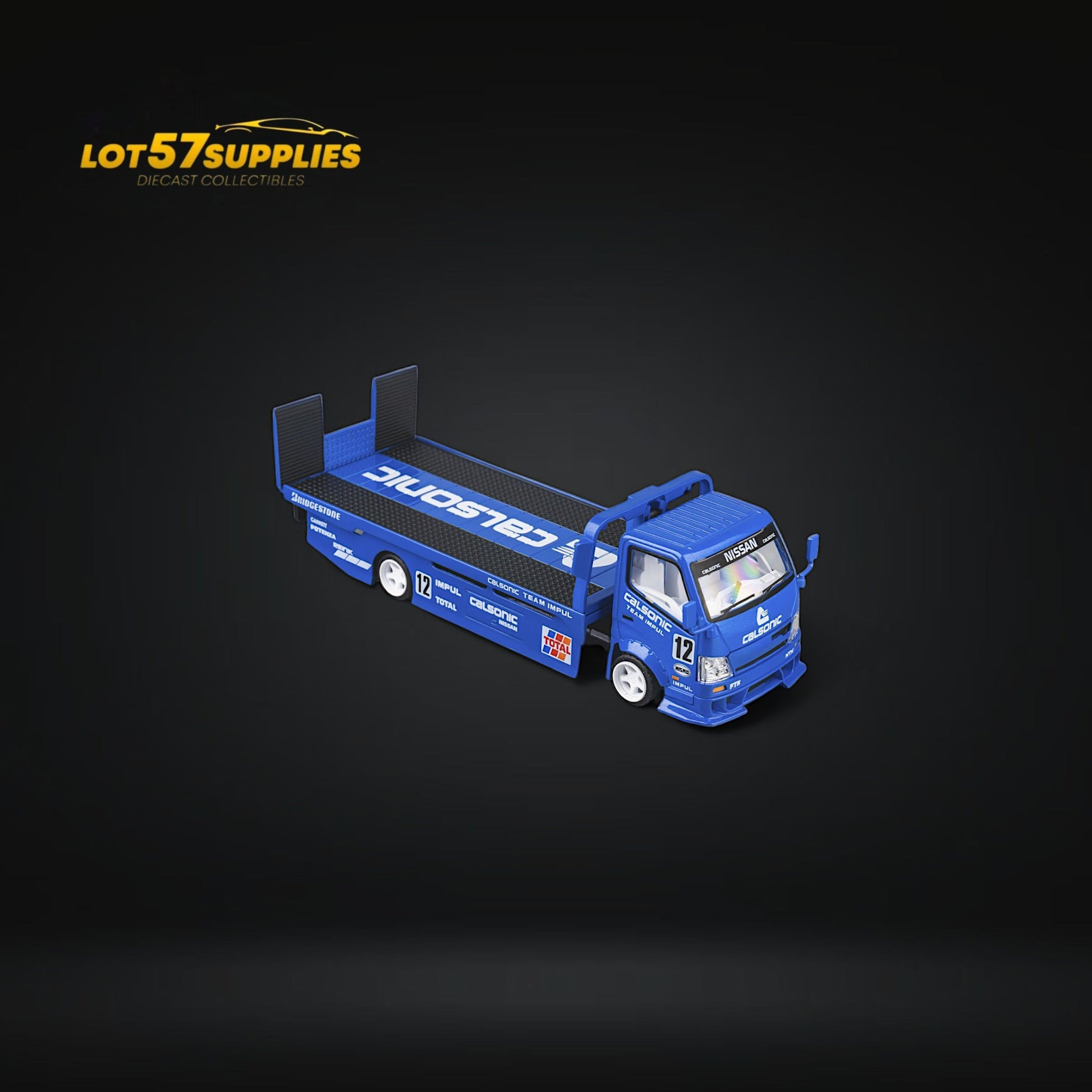 Blue HINO 300 MicroTurbo custom diecast truck with Calsonic livery, 1:64 scale, detailed model for collectors.