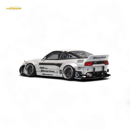White Nissan 180SX MicroTurbo diecast model with Pandem Rocket Bunny body kit, 1:64 scale, detailed miniature vehicle.