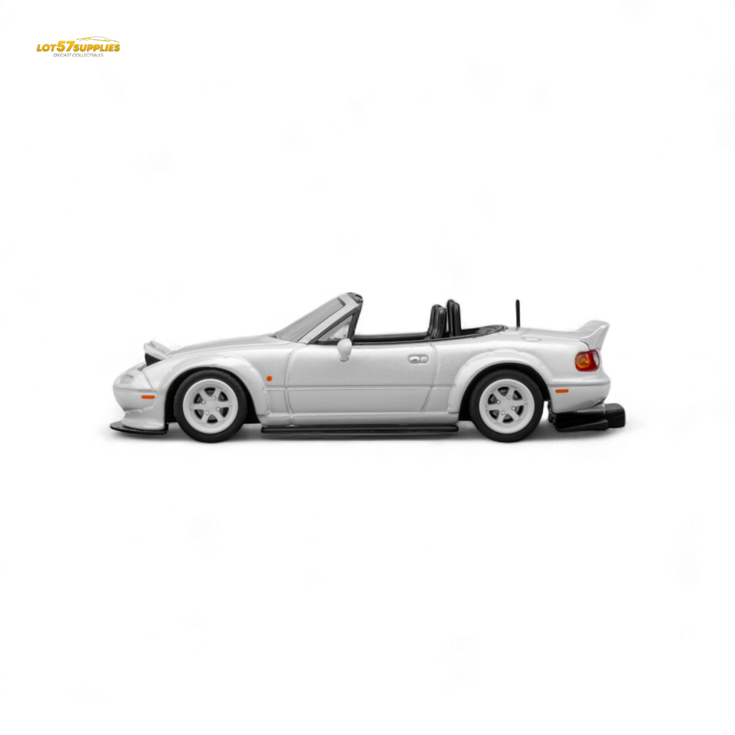 Metallic white Mazda Microturbo Custom MX5 diecast car with Rocket Bunny body kit, 1:64 scale, by Lot57Supplies Diecast Shop