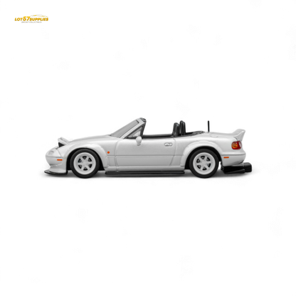 Metallic white Mazda Microturbo Custom MX5 diecast car with Rocket Bunny body kit, 1:64 scale, by Lot57Supplies Diecast Shop