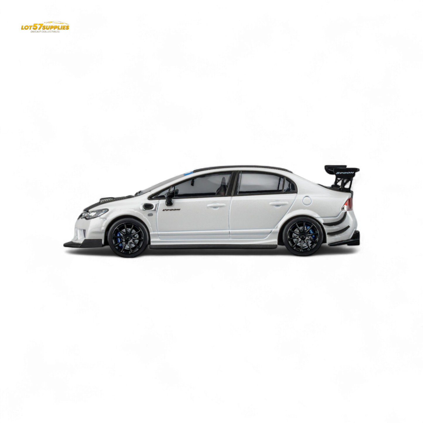 Metallic white 1:64 scale Honda Civic Type R FD2 diecast model by Spoon Sports, detailed miniature car for collectors.