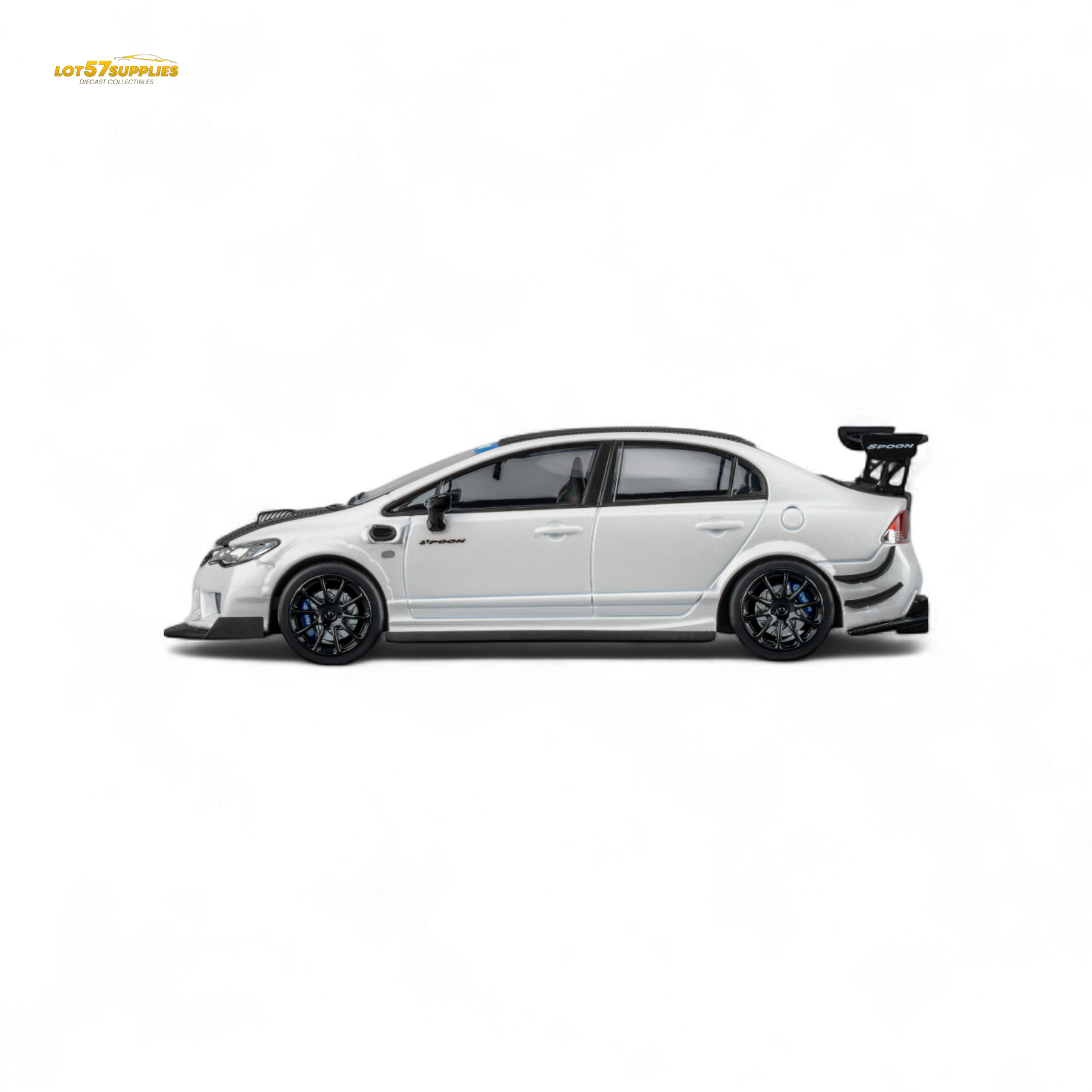 Metallic white 1:64 scale Honda Civic Type R FD2 diecast model by Spoon Sports, detailed miniature car for collectors.
