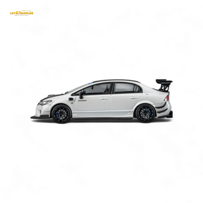 Metallic white 1:64 scale Honda Civic Type R FD2 diecast model by Spoon Sports, detailed miniature car for collectors.