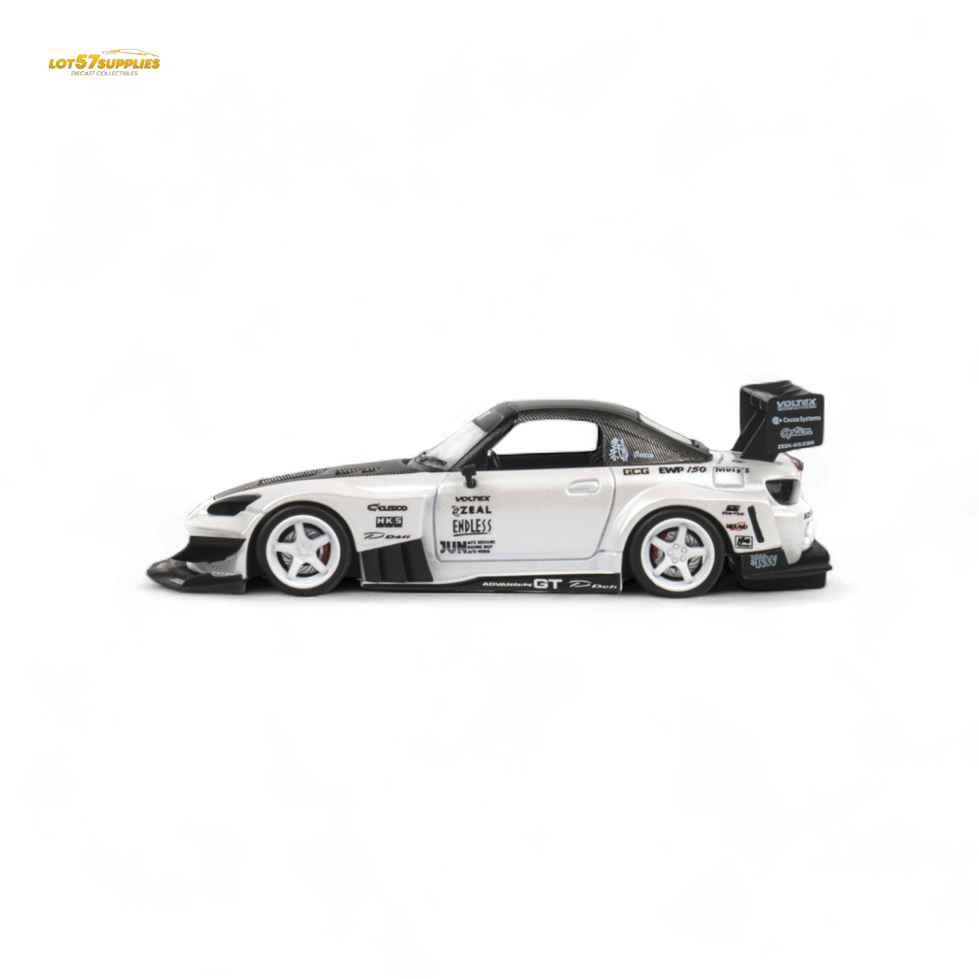 Metallic white Honda S2000 diecast model car, 1:64 scale, from Lot57Supplies, showcasing detailed exterior and compact design.