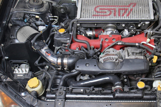 FR SPORT HPS Shortram Air Intake Kit installed on a 2004-2007 Subaru WRX STi 2.5L turbo engine, showcasing cold air intake components.