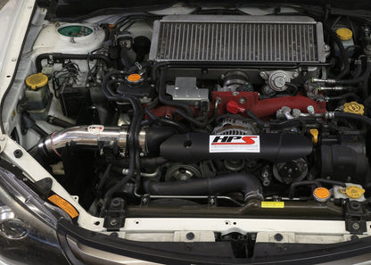 FR SPORT HPS Cold Air Intake Kit installed on 2008-2014 Subaru WRX 2.5L Turbo engine, featuring shortram conversion, model 837-566.