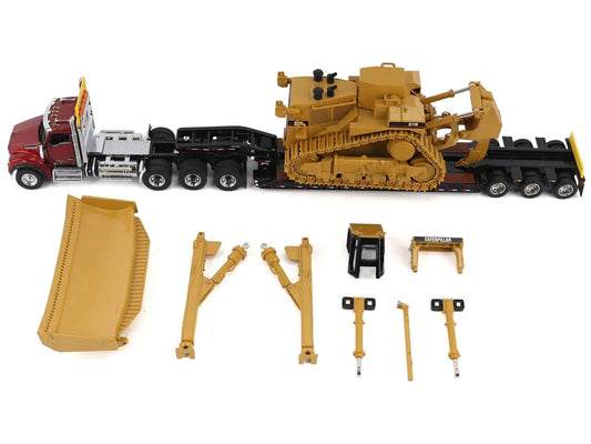 Kenworth T880 Day Cab Red and Trail King TK120 Lowboy Trailer with CAT Caterpillar D11R Dozer and Components Load "Transport Series" 1/50 Diecast Model by Diecast Masters
