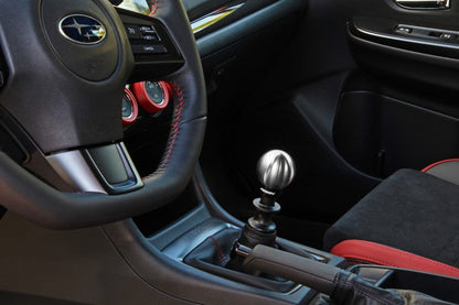 JDMuscle PERRIN ball shift knob installed in a WRX STI, WRX, BRZ, FR-S, Toyota 86, or GR86, showcasing a sleek gear shift accessory.
