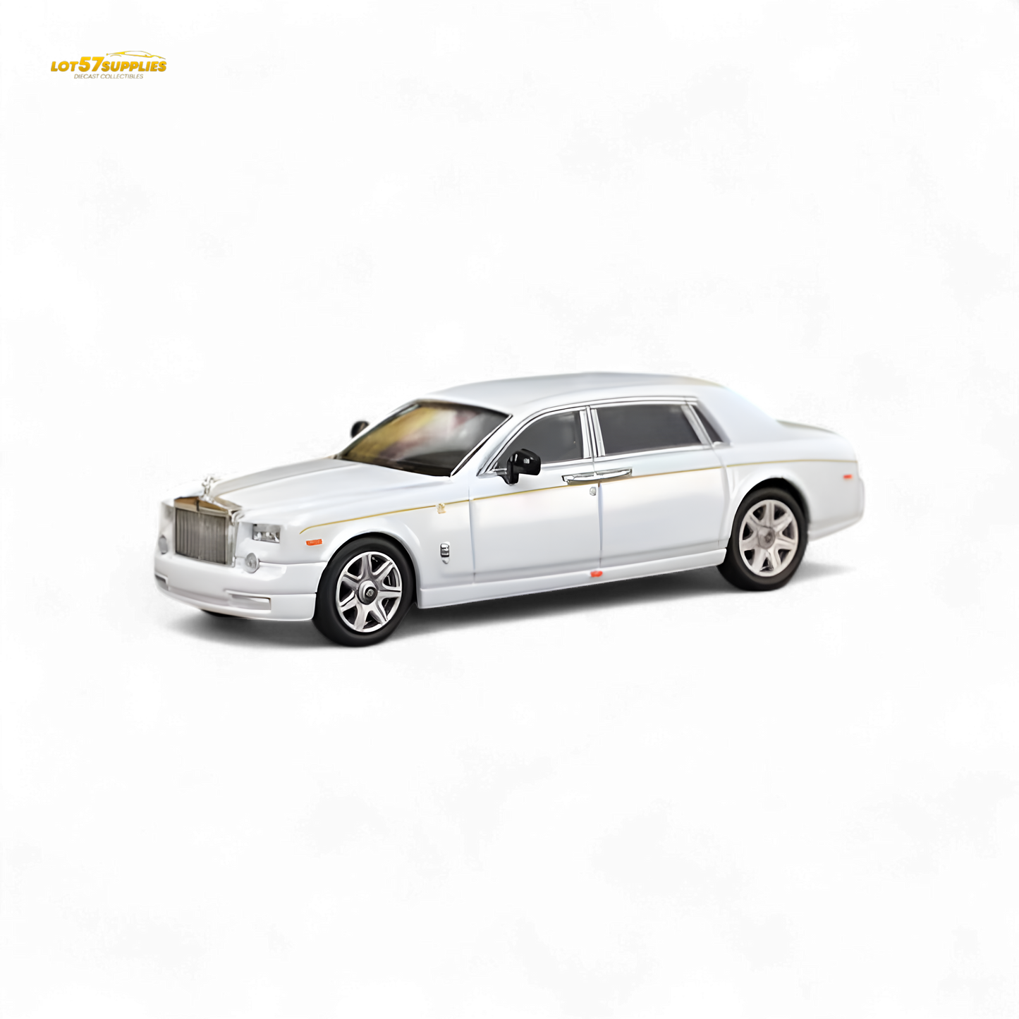 White Rolls-Royce Phantom VII diecast model in 1:64 scale, detailed miniature from Lot57Supplies Diecast Shop.