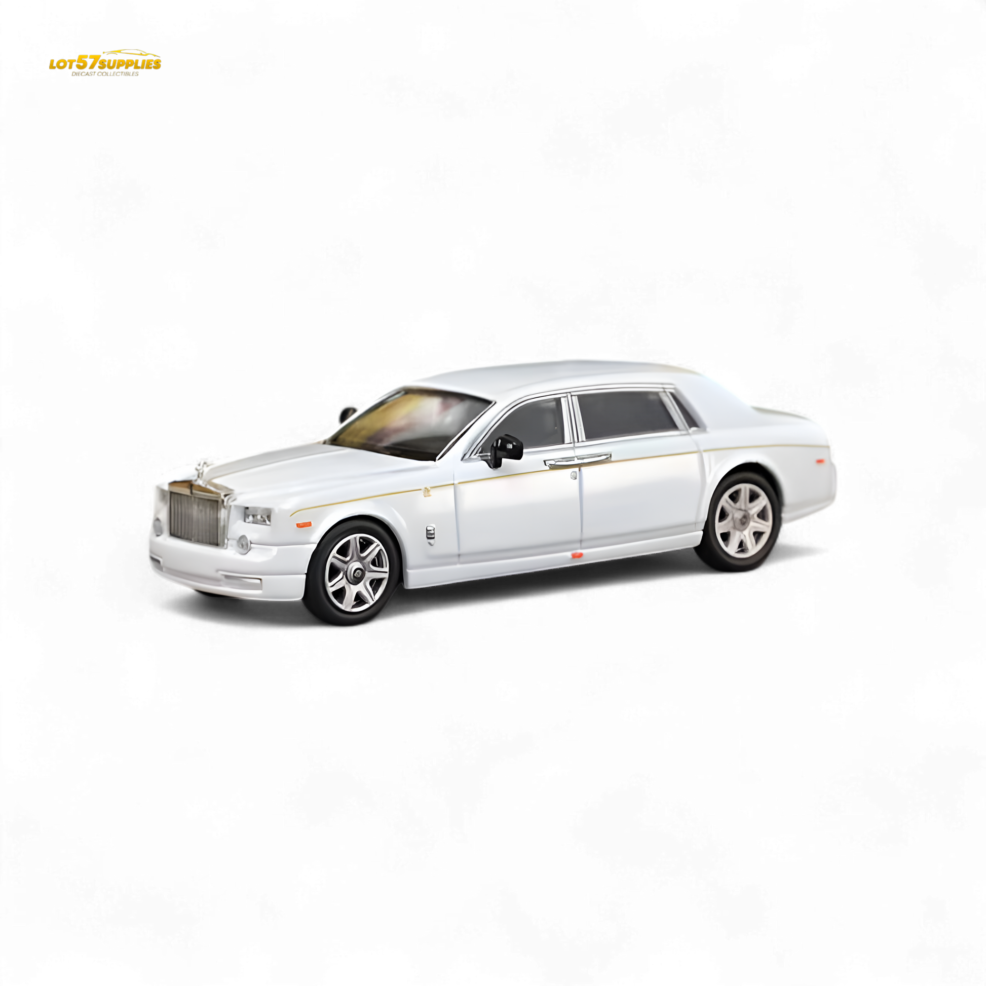 White Rolls-Royce Phantom VII diecast model in 1:64 scale, detailed miniature from Lot57Supplies Diecast Shop.
