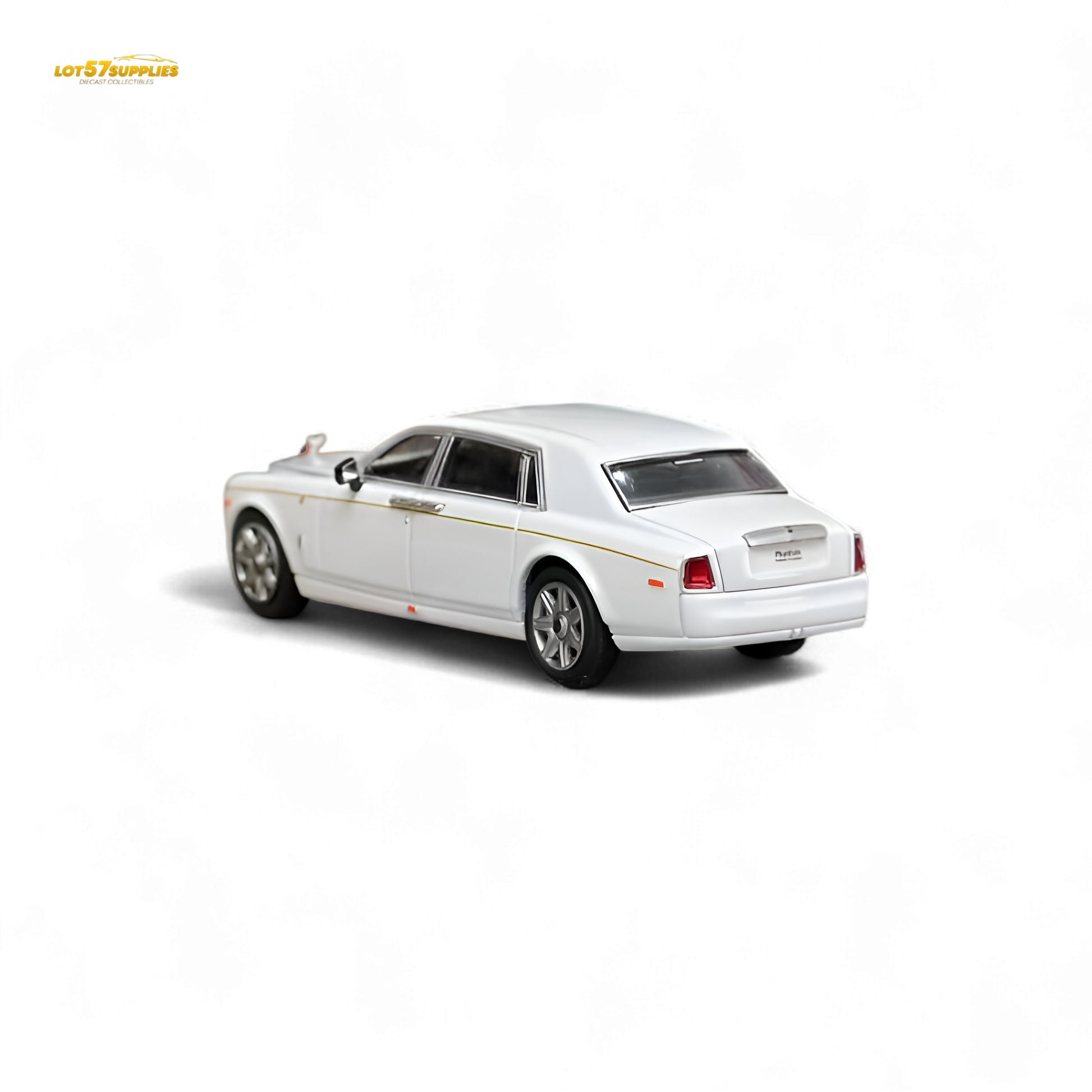 White 1:64 scale Rolls-Royce Phantom VII diecast model by Lot57Supplies, detailed street weapon replica, shown from side angle.