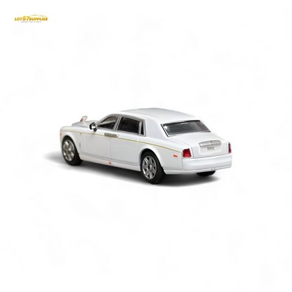 White 1:64 scale Rolls-Royce Phantom VII diecast model by Lot57Supplies, detailed street weapon replica, shown from side angle.