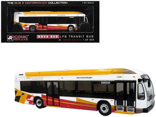 Nova Bus LFSH Hybrid Transit Bus "MTA Maryland" White with Red and Yellow Graphics "The Bus & Motorcoach Collection" Limited Edition to 504 pieces Worldwide 1/87 (HO) Diecast Model by Iconic Replicas