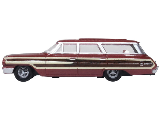 1964 Ford Country Station Wagon Squire Vintage Burgundy with Woodgrain Sides and White Interior 1/87 (HO) Scale Diecast Model Car by Oxford Diecast