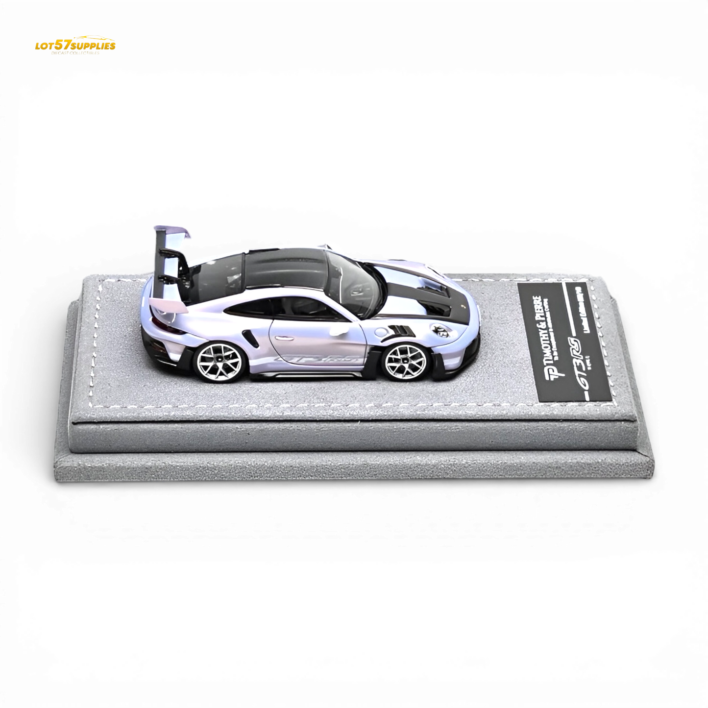 Purple 1:64 scale Porsche 911 992 GT3 RS diecast model by Lot57Supplies Diecast Shop, detailed miniature car on a plain background.