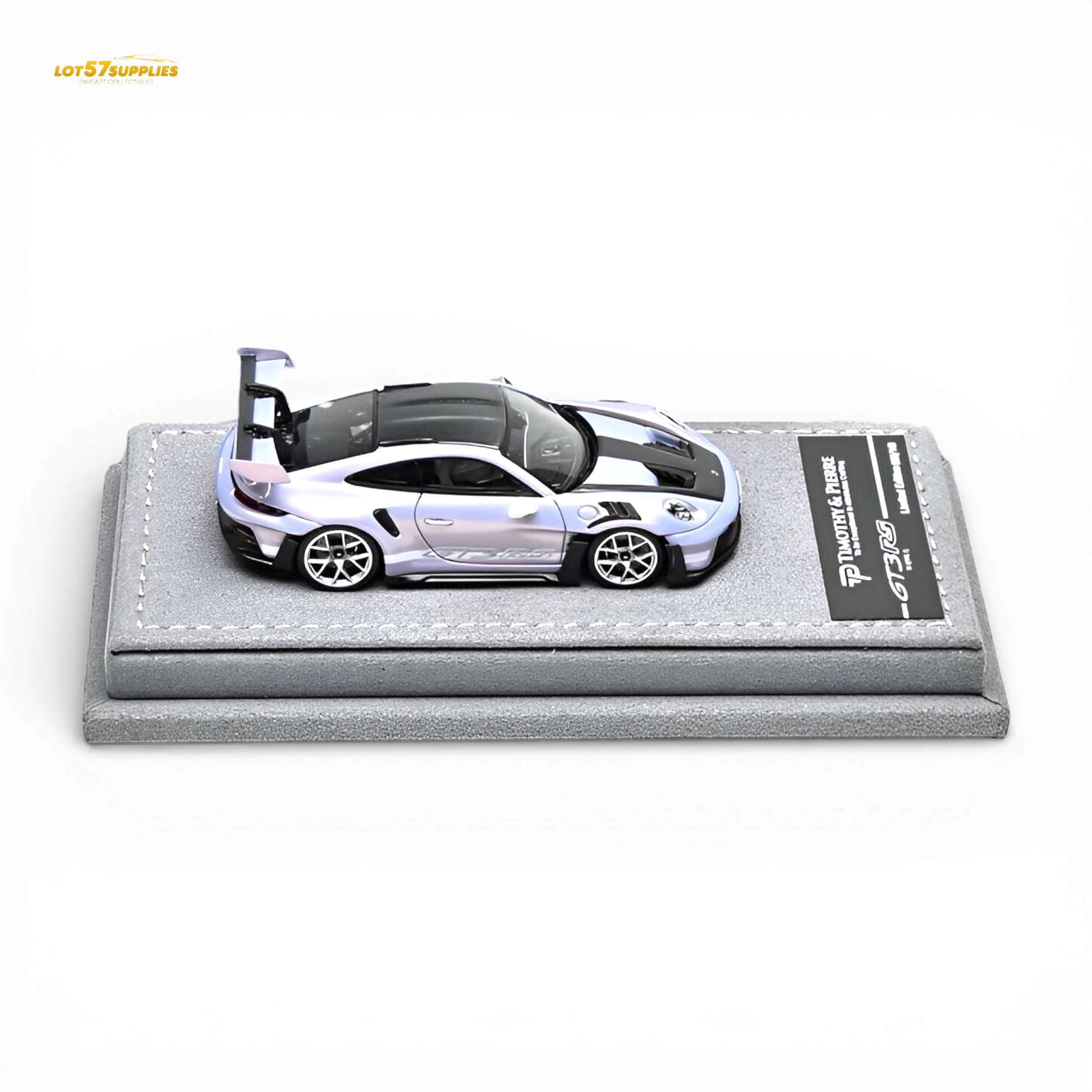 Purple 1:64 scale Porsche 911 992 GT3 RS diecast model by Lot57Supplies Diecast Shop, detailed miniature car on a plain background.