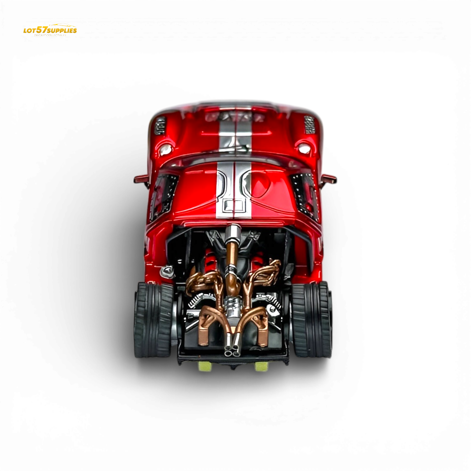 Transparent red Ford GT40 diecast model by Rhino Model RM, 1:64 scale, detailed miniature sports car.