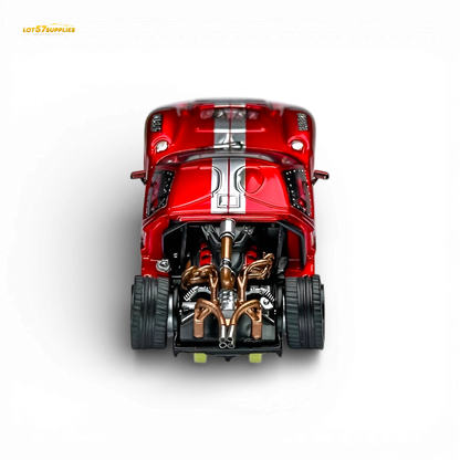 Transparent red Ford GT40 diecast model by Rhino Model RM, 1:64 scale, detailed miniature sports car.