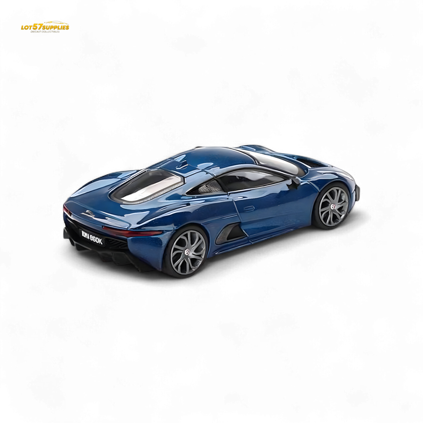 Blue Mini-GT Jaguar C-X75 diecast model car in 1:64 scale, detailed miniature vehicle by Lot57Supplies Diecast Shop.