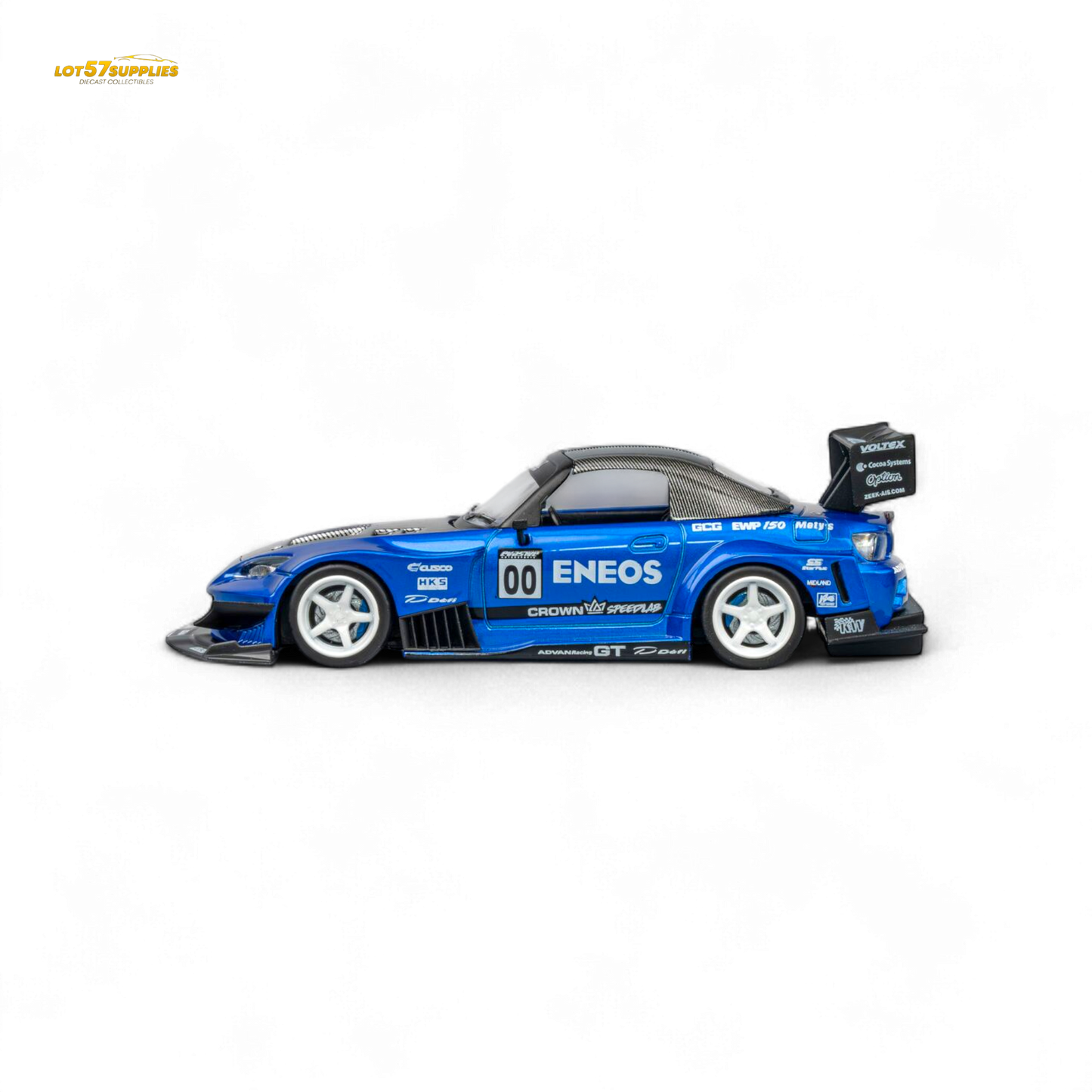 Candy blue 1:64 scale MicroTurbo Honda S2000 diecast car by Lot57Supplies, detailed miniature model with racing design.