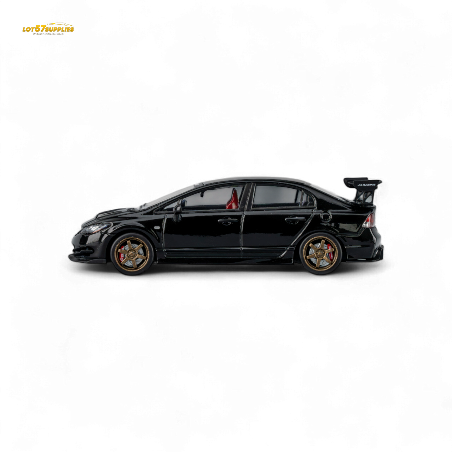 Metallic black Honda Microturbo FD2 J's Racing 1:64 diecast model car with detailed design and branding.