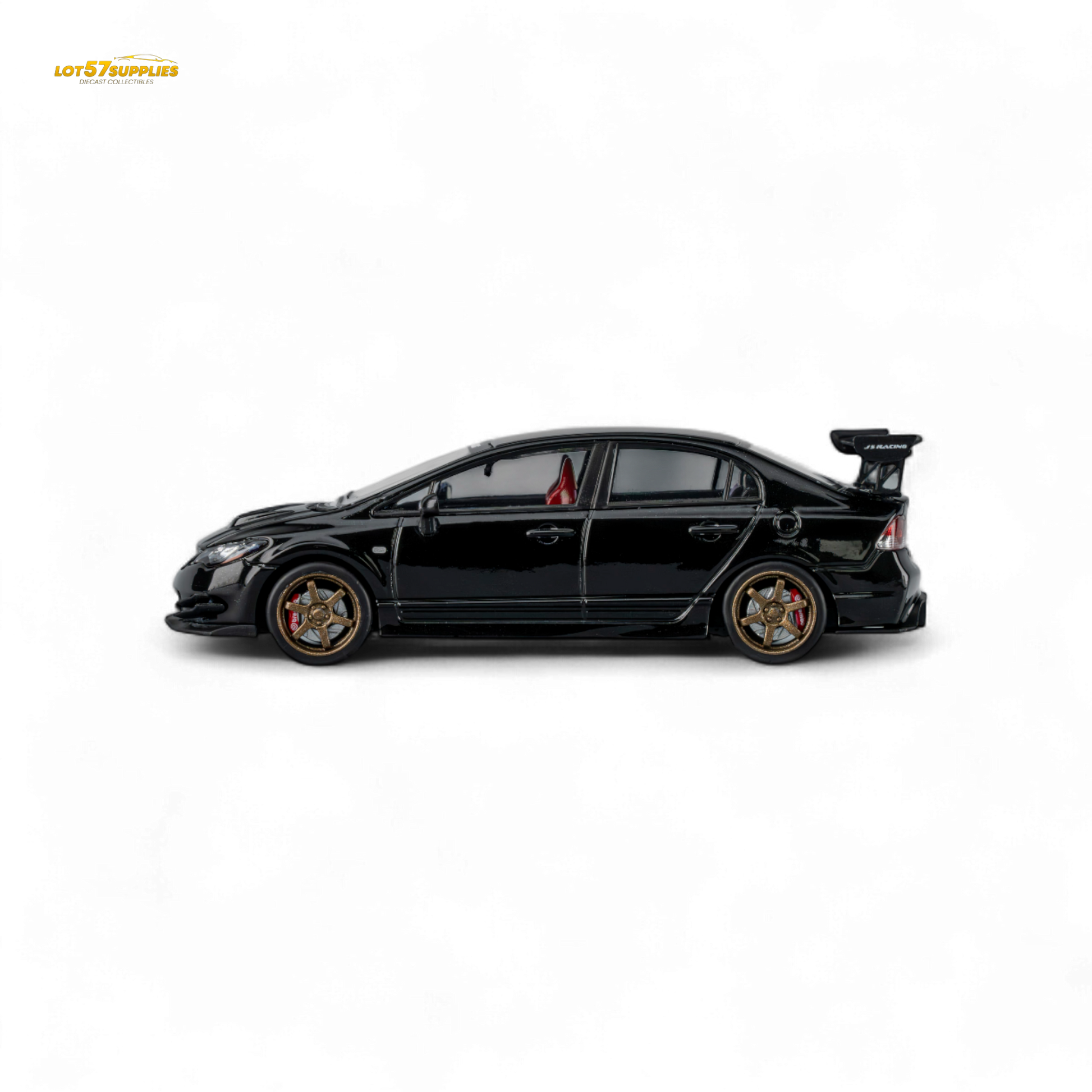 Metallic black Honda Microturbo FD2 J's Racing 1:64 diecast model car with detailed design and branding.