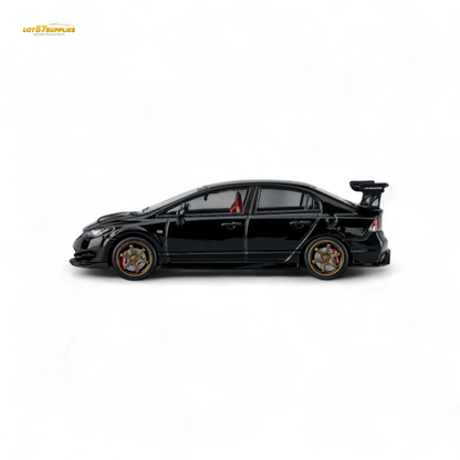 Metallic black Honda Microturbo FD2 J's Racing 1:64 diecast model car with detailed design and branding.