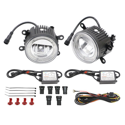 JDMuscle LED and halo DRL fog light housings for Subaru WRX, STI, BRZ, FT86, and Forester models, shown with clear lens and mounting brackets.