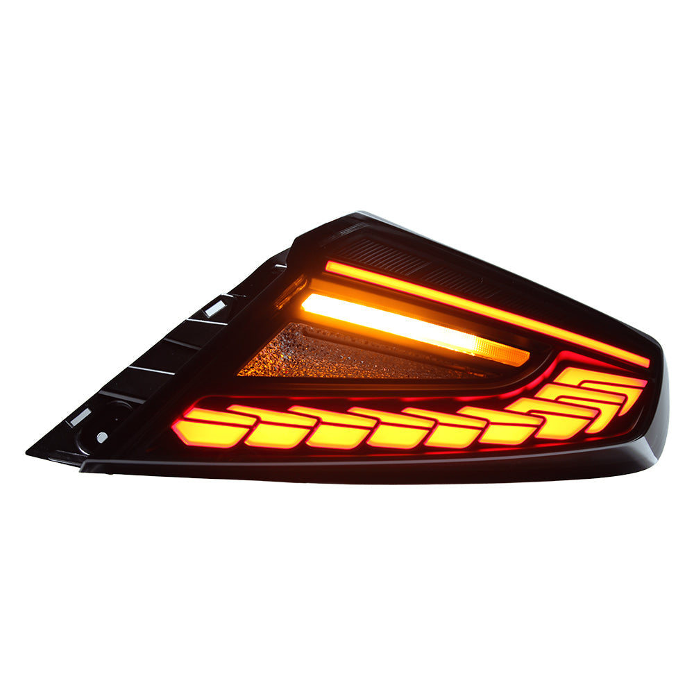 OLM Phantom-Spec LED taillights with smoke lens and red optic installed on a 2022+ Subaru WRX, showcasing sleek automotive lighting.